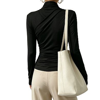 Women's Ruched Wrap Neck Top, Long Sleeve Form-Fitting Blouse for Casual Chic Style
