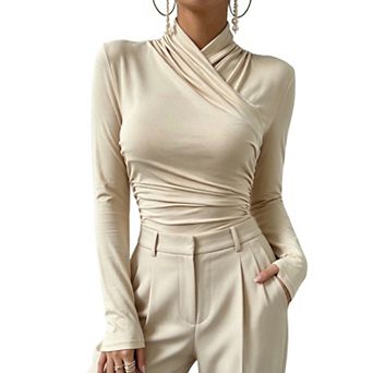 Women's Ruched Wrap Neck Top, Long Sleeve Form-Fitting Blouse for Casual Chic Style