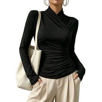 Women's Ruched Wrap Neck Top, Long Sleeve Form-Fitting Blouse for Casual Chic Style