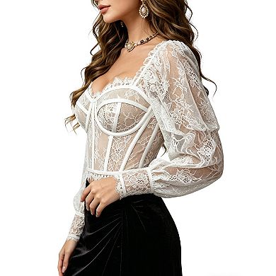 Women's Lace Puff Sleeve Corset Top, Sheer Long Sleeve Bustier Crop Top for Night Out
