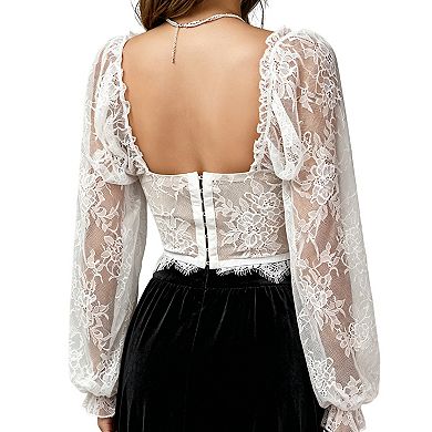 Women's Lace Puff Sleeve Corset Top, Sheer Long Sleeve Bustier Crop Top for Night Out