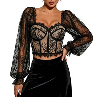 Women's Lace Puff Sleeve Corset Top, Sheer Long Sleeve Bustier Crop Top for Night Out