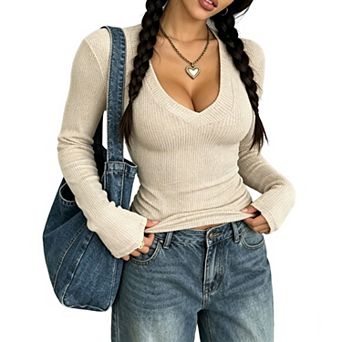 Women's Ribbed V-Neck Long Sleeve Top, Fitted Knit Shirt for Casual Everyday Wear