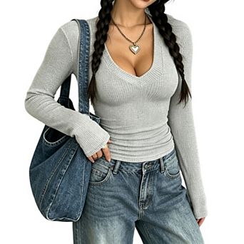 Women's Ribbed V-Neck Long Sleeve Top, Fitted Knit Shirt for Casual Everyday Wear