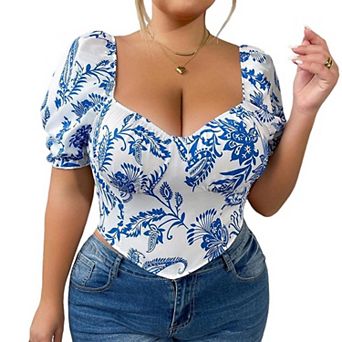 Women Plus Size Floral Print Puff Short Sleeve Sweetheart Neck Crop Top Summer Casual Slim Fit Shirt