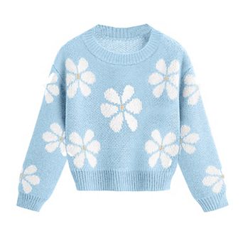 Girls' Daisy Print Crewneck Knit Sweater, Casual Floral Long Sleeve Pullover for Kids