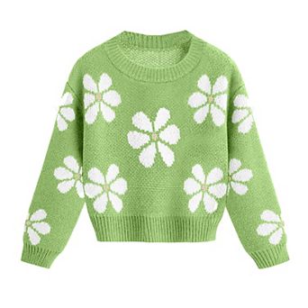 Girls' Daisy Print Crewneck Knit Sweater, Casual Floral Long Sleeve Pullover for Kids