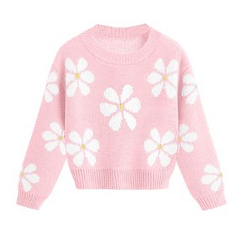 Girls' Daisy Print Crewneck Knit Sweater, Casual Floral Long Sleeve Pullover for Kids