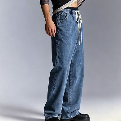 Men's Elastic Drawstring Jeans Relaxed Wide Leg Denim Side and Back Pockets Lightweight Pants