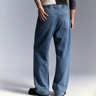 Men's Elastic Drawstring Jeans Relaxed Wide Leg Denim Side and Back Pockets Lightweight Pants