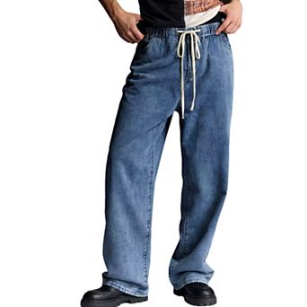 Men's Elastic Drawstring Jeans Relaxed Wide Leg Denim Side and Back Pockets Lightweight Pants