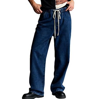 Men's Elastic Drawstring Jeans Relaxed Wide Leg Denim Side and Back Pockets Lightweight Pants