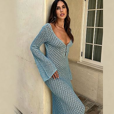 Women's Crochet Knit Cover-Up, V-Neck Long Sleeve Dress