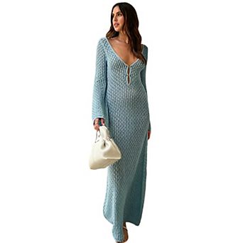 Women's Crochet Knit Cover-Up, V-Neck Long Sleeve Dress