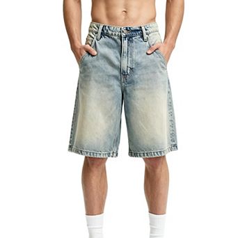 Men's Denim Shorts Relaxed Wide Leg Fit Vintage Mid Rise Knee Length for Summer Pants
