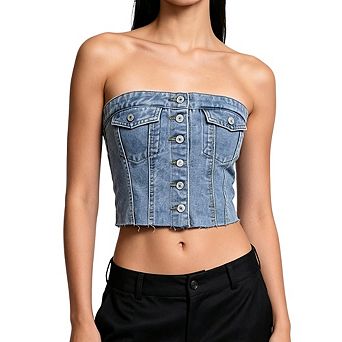 Women's Casual Denim Bustier Strapless Tube Top Button Front Cropped with Frayed Hem