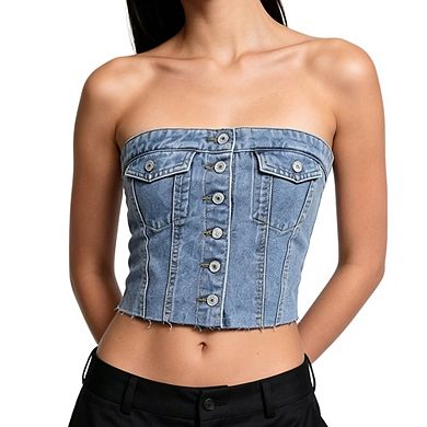 Women's Casual Denim Bustier Strapless Tube Top Button Front Cropped with Frayed Hem