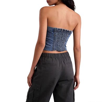 Women's Casual Denim Bustier Strapless Tube Top Button Front Cropped with Frayed Hem