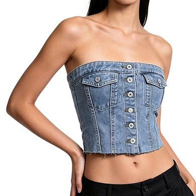 Women's Casual Denim Bustier Strapless Tube Top Button Front Cropped with Frayed Hem