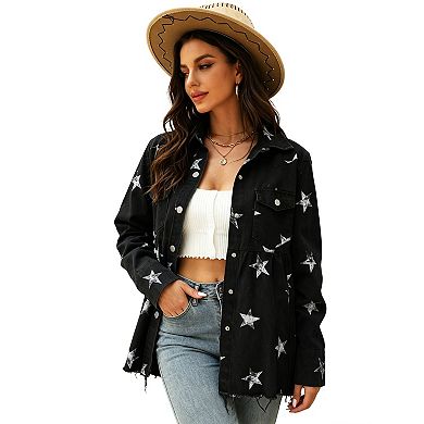 Women's Denim Shirt Star Print Peplum Hem Button Front Chest Pockets Long Sleeves Jacket