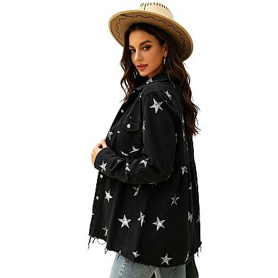 Women's Denim Shirt Star Print Peplum Hem Button Front Chest Pockets Long Sleeves Jacket