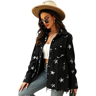 Women's Denim Shirt Star Print Peplum Hem Button Front Chest Pockets Long Sleeves Jacket
