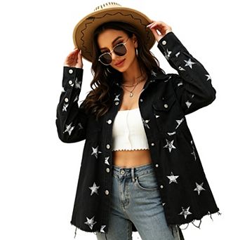 Women's Denim Shirt Star Print Peplum Hem Button Front Chest Pockets Long Sleeves Jacket