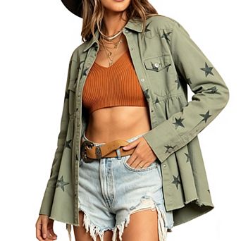 Women's Denim Shirt Star Print Peplum Hem Button Front Chest Pockets Long Sleeves Jacket