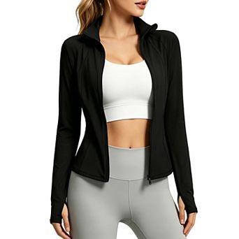 Women's Full Zip Front Stand Up Collar Thumb Holes Long Sleeve Form Fitting Athletic Jacket