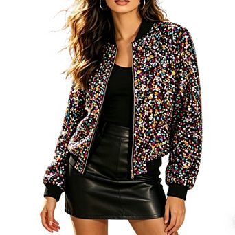 Women's Sequin Bomber Jacket Full Zip Front Long Sleeve Ribbed Cuffs Sparkle Parties Coat