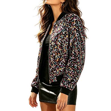 Women's Sequin Bomber Jacket Full Zip Front Long Sleeve Ribbed Cuffs Sparkle Parties Coat