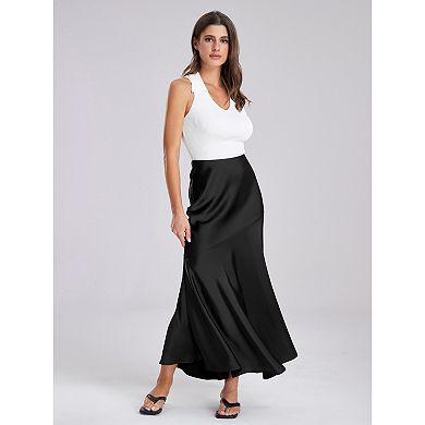 Women's High Waist Satin Maxi Skirt, Flowy Asymmetrical Hem with Zipper