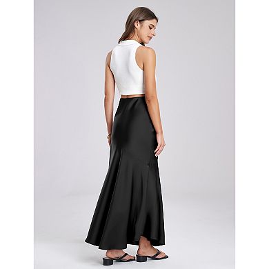 Women's High Waist Satin Maxi Skirt, Flowy Asymmetrical Hem with Zipper