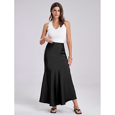 Women's High Waist Satin Maxi Skirt, Flowy Asymmetrical Hem with Zipper