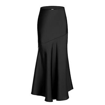 Women's High Waist Satin Maxi Skirt, Flowy Asymmetrical Hem with Zipper