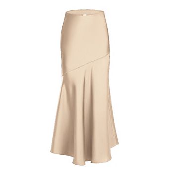 Women's High Waist Satin Maxi Skirt, Flowy Asymmetrical Hem with Zipper