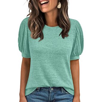 Women's Puff Short Sleeve Knit T-Shirt, Crew Neck Ribbed Sleeve Casual Top