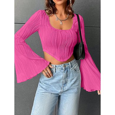 Women's Square Neck Long Sleeve Crop Top, Textured Wave Pattern Casual T-Shirt