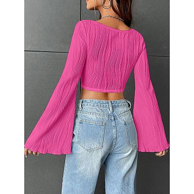 Women's Square Neck Long Sleeve Crop Top, Textured Wave Pattern Casual T-Shirt
