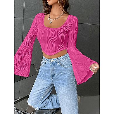 Women's Square Neck Long Sleeve Crop Top, Textured Wave Pattern Casual T-Shirt