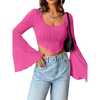 Women's Square Neck Long Sleeve Crop Top, Textured Wave Pattern Casual T-Shirt