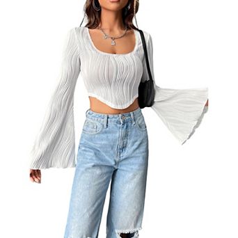 Women's Square Neck Long Sleeve Crop Top, Textured Wave Pattern Casual T-Shirt