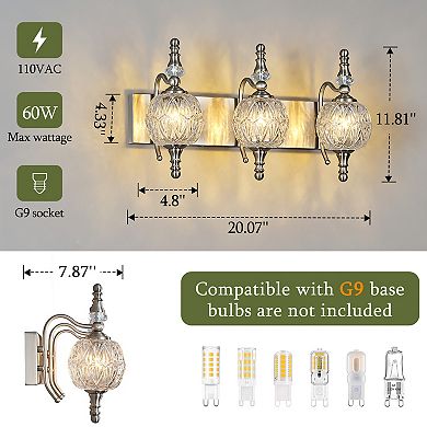 3-Light Vintage Crystal Glass Vanity Light Fixture Over Mirror