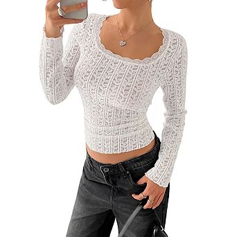 Women’s Sheer Lace Crop Top Long Sleeve Semi-Sheer Blouse Square Neck Leaf Pattern Lace Layering Top