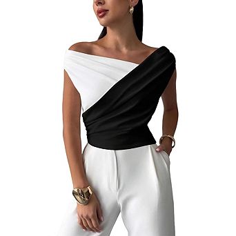 Women’s Off-Shoulder Color Block Top Ruched Sleeveless Elegant Form-Fitting Party Cocktail Blouse