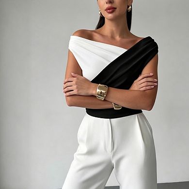 Women’s Off-Shoulder Color Block Top Ruched Sleeveless Elegant Form-Fitting Party Cocktail Blouse