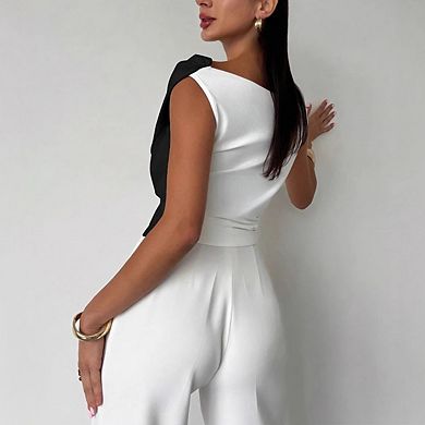 Women’s Off-Shoulder Color Block Top Ruched Sleeveless Elegant Form-Fitting Party Cocktail Blouse