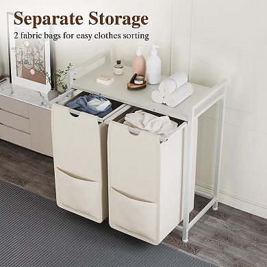 Laundry Sorter with Shelf, 2/3/4-Bags Pull-Out Removable Hamper Organizer for Bathroom, Metal Frame