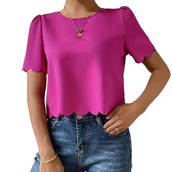 Womens Short Sleeve Cute Cropped Tops Casual Summer Scalloped Edge Loose Fit T-Shirts Tee Blouse
