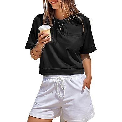 Womens Oversized Crop Tops Workout Short Sleeve Summer Casual Loose Fit Basic T Shirts